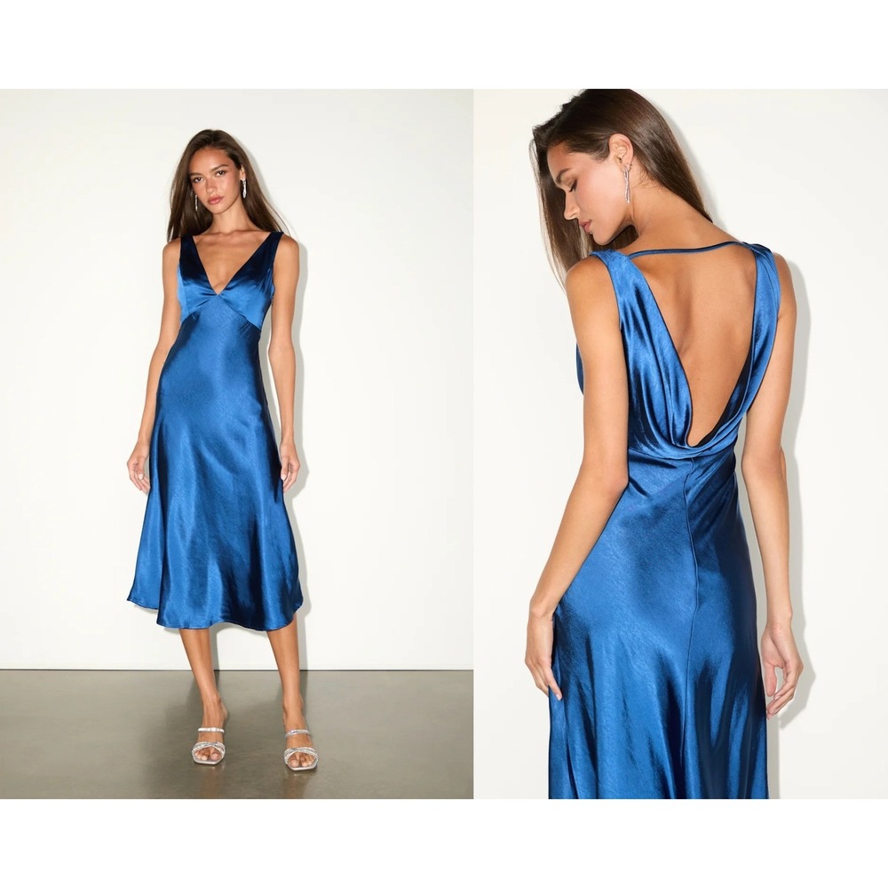 NWT Lulus Incredible Love Navy Blue Satin Cowl Back Midi Slip Dress Size Medium